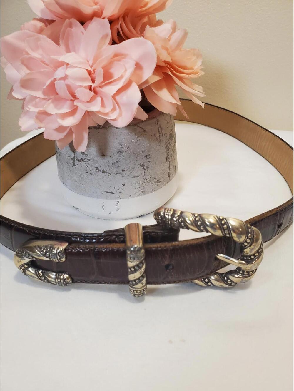 Brighton S44503 Brown Leather Belt Croc Embossed Braided Buckle Small